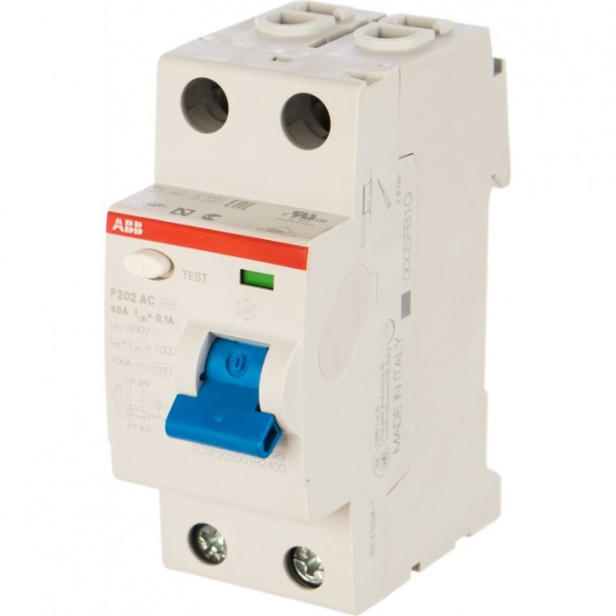 Выключатель дифференциального тока (УЗО) ABB F202 2п 40А 100мА тип AC 2CSF202001R2400