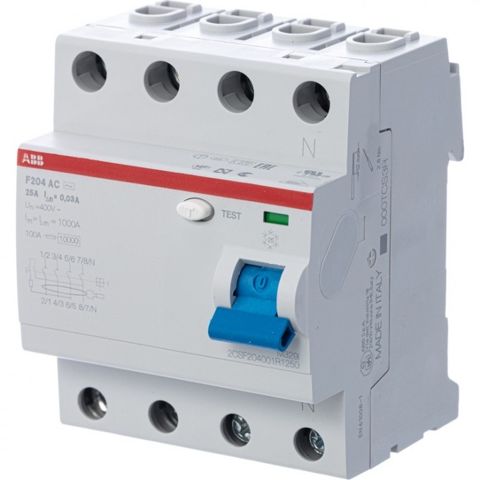 Выключатель дифференциального тока (УЗО) ABB F204 4п 25А 30мА тип AC 2CSF204001R1250